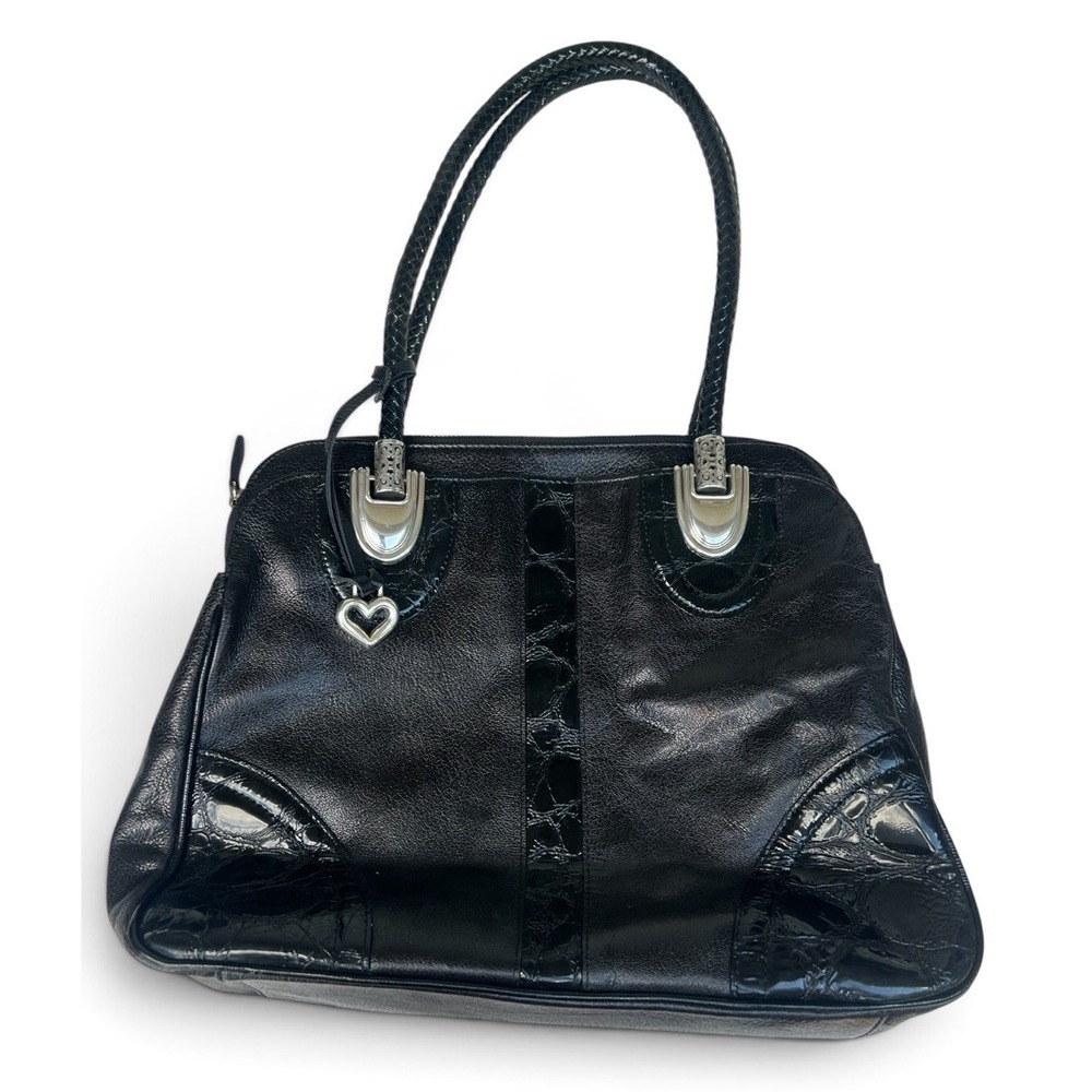 Vintage Brighton Y2K Black Leather Croc Satchel Shoulder Bag Heart Charm